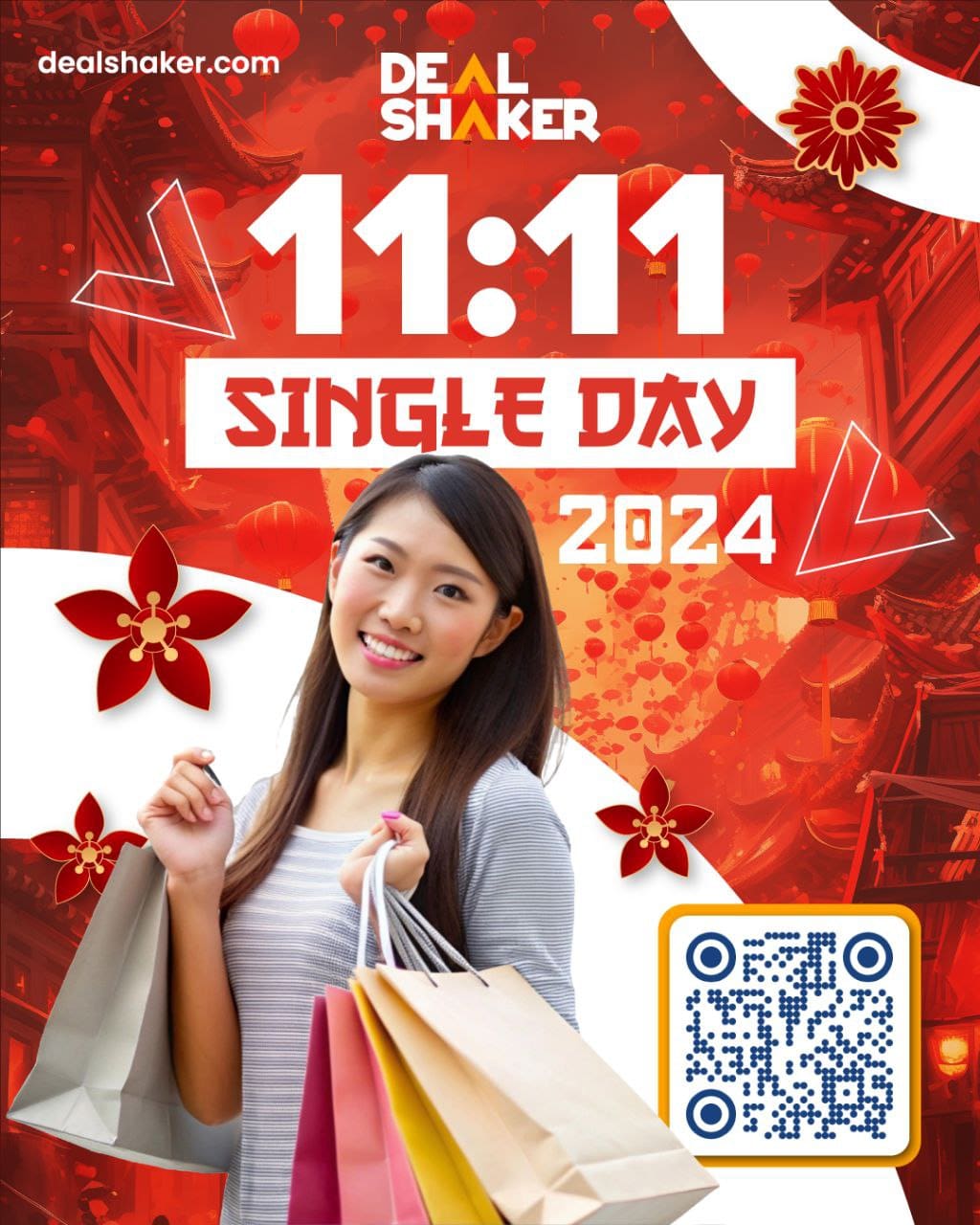 一位面带微笑的女士以 DealShaker 的兴奋庆祝双十一，她拿着一个写有“2024 年 11 月 11 日光棍节”的购物袋，上面有一个二维码，背景是鲜红色的节日。