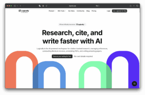 Logicaly网站首页截图。 “用AI研究、引用和更快写作”字样显示在彩色拱架上方，顶部有产品、工具、价格、博客和登录选项的导航链接。 合乎逻辑。