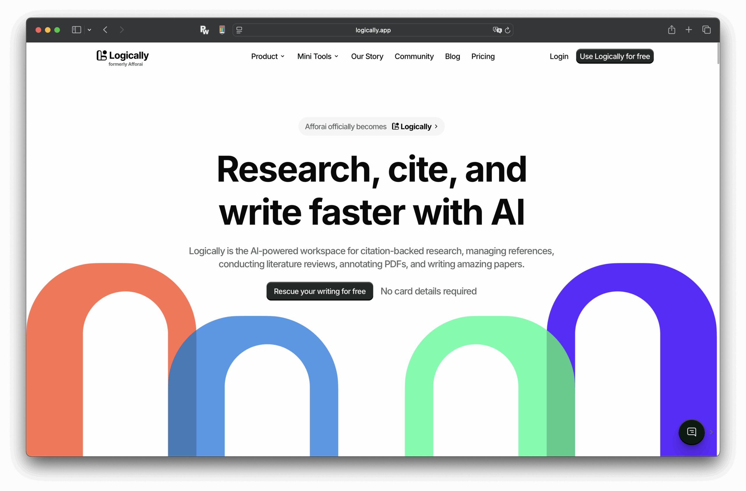 Logicaly网站首页截图。 “用AI研究、引用和更快写作”字样显示在彩色拱架上方，顶部有产品、工具、价格、博客和登录选项的导航链接。 合乎逻辑。