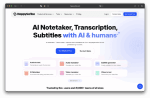 HappyScribe主页截图。 你会看到AI驱动的笔记、转录和字幕选项，以及开始按钮和销售联系按钮。 标题强调了人工智能与人类之间的协作。